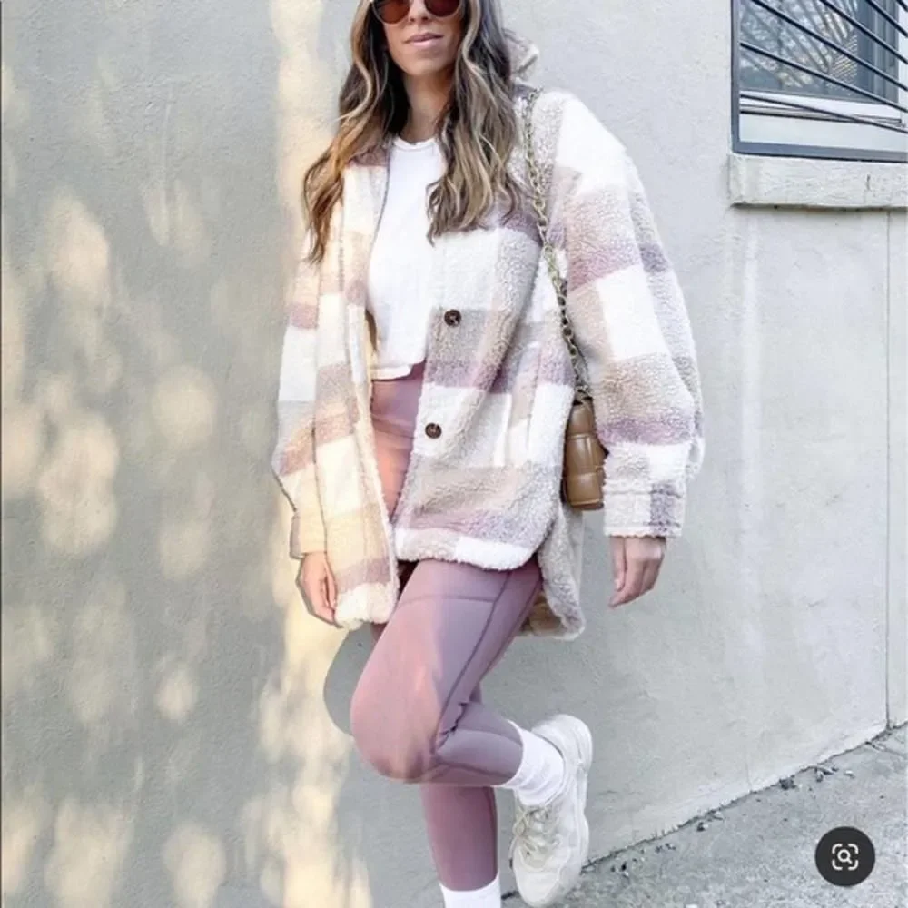 H&M Plaid Pastel Colors Faux Shearling Jacket Lined Warm - Picture 2 of 14